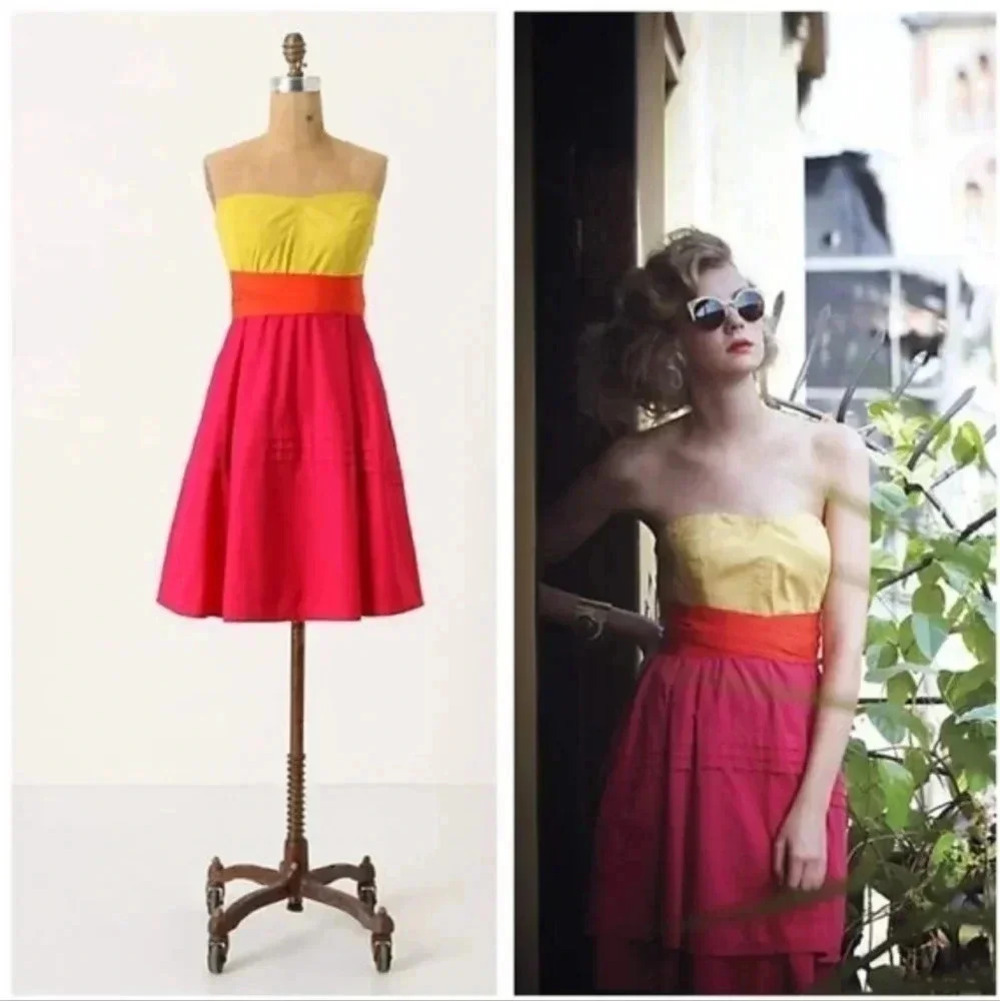 Maeve Parading Hues Anthro Pink Block Fit Flare Strapless Dress